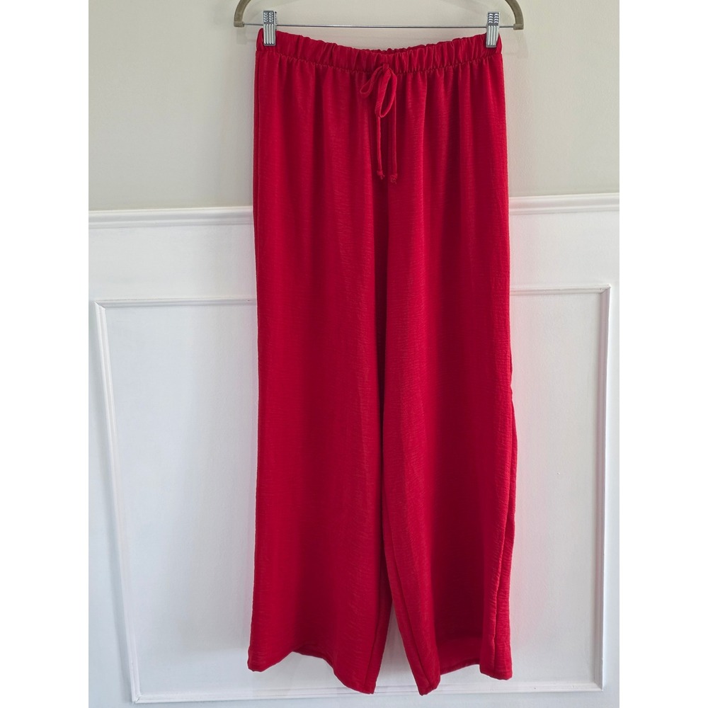 21 Saints Womens Red Wide Leg Textured Drawstring Elastic Waist Pants‎ Size L